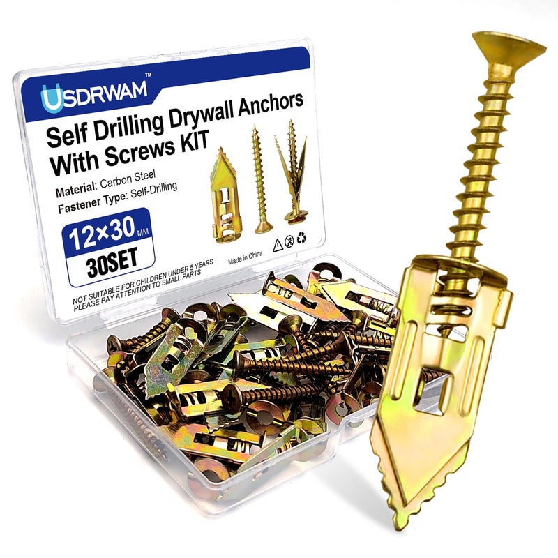 Usdrwam 60 PCS Self Drilling Drywall Anchors with Screws Kit, 0.47×1.18 Inch Metal Wall Anchors for Drywall Hanging, No Drill Needed - Image 1